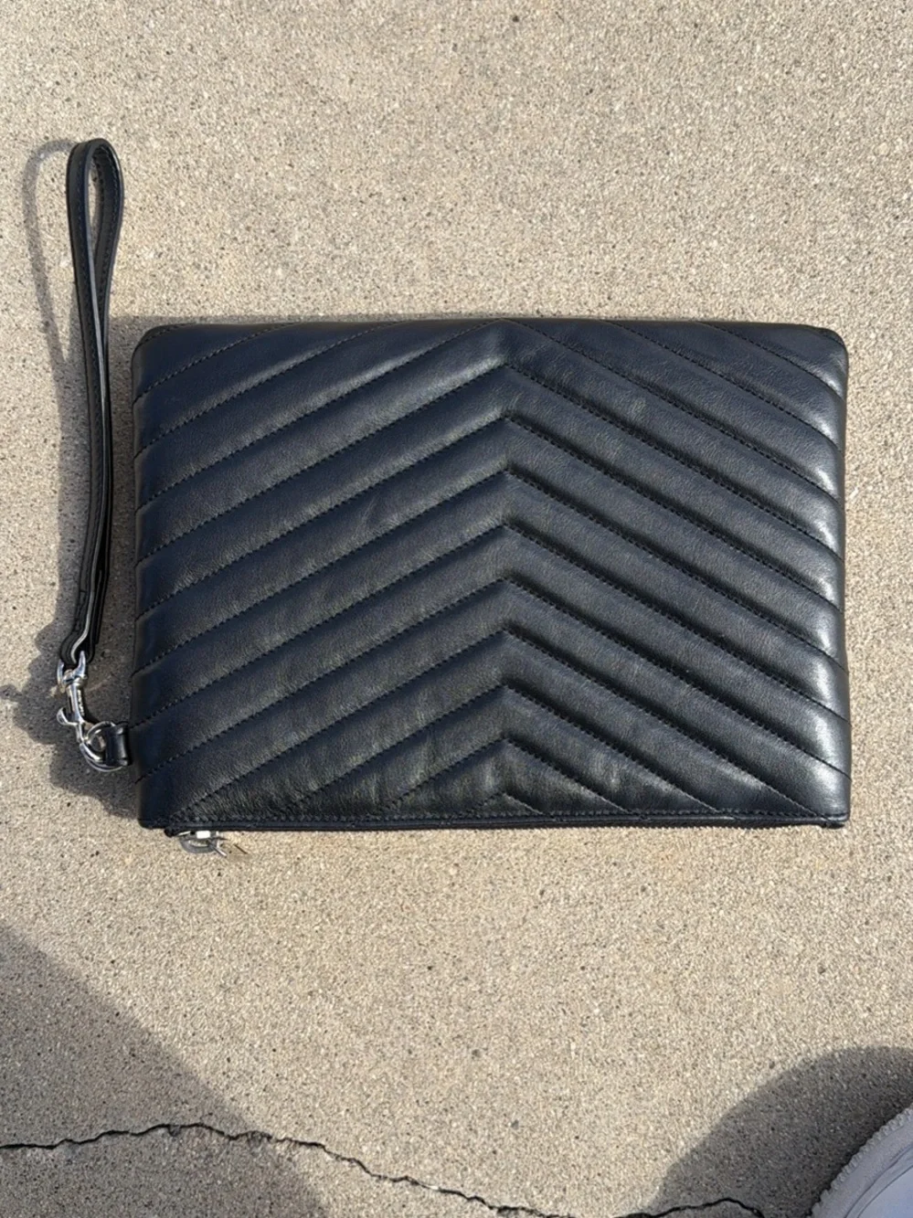 Saint Laurent Black Chevron Quilted Leather Wristlet Pouch with Silver YSL